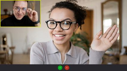 Video call chat online screen woman with glasses chat colleagues discussion