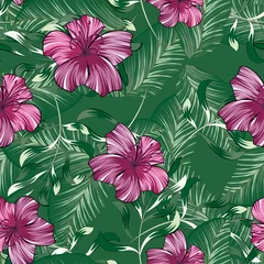 Foto op Aluminium Seamless tropical background with flowers and leaves. Graphic arts. material, advertising booklets. Stylized as a watercolor. © OlgaKSDiz