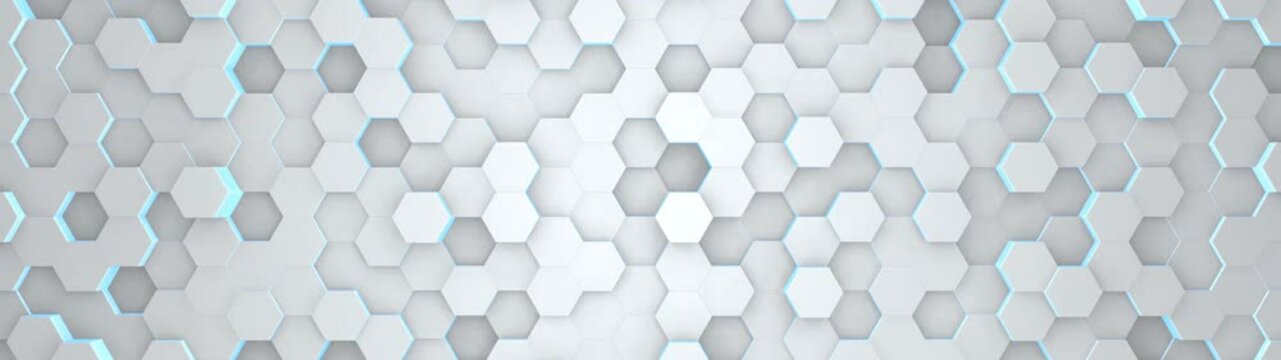 Digital geometric white mesh with blue energy glow in wide angle. Futuristic technology polygon pattern. Abstract animated background.
