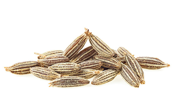 Macro image of organic cumin seeds isolated on a white background. Caraway on a white background.