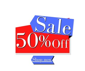 50% OFF with red and blue poster design (shop now) sale banner