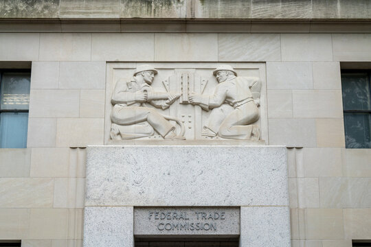 Washington, DC USA - May 6, 2022: &ldquo;Construction&rdquo; limestone bas-relief by Chaim Gross on the Federal Trade Commission Building.