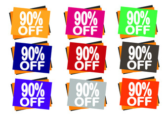 90% off. Set sale banners design template, discount tags. Promo icons for online stores, vector illustration.