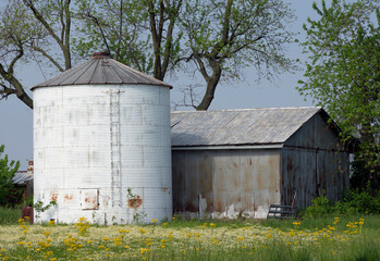 An old silo and barn sit in a field with wildflowers. © Amanda