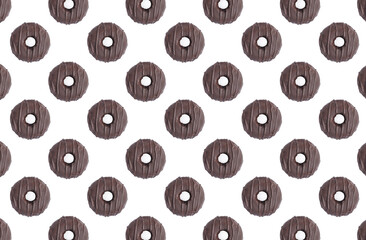 Pattern of chocolate donuts on white background