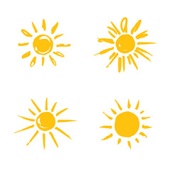 Set of painted yellow suns. Solar symbols set. Vector sun illustrated
