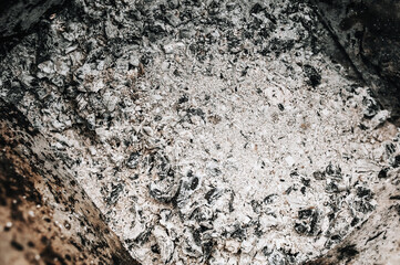 Background, close-up texture of burnt gray ash from burning firewood, wood.