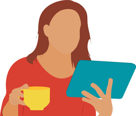 mujer tomando café y leyendo en su notebook. joven trabajando en su casa. Vector sin fondo, fondo transparente - obrazy, fototapety, plakaty