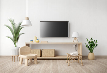 Fototapeta premium Living room interior with TV stand,chair,lamp,pot and plant on white wall background.Minimal style.3d rendering