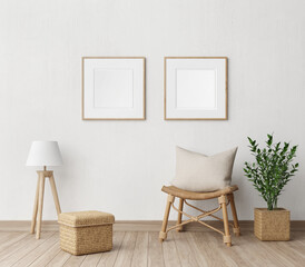 Minimal room interior with rattan chair,lamp,pot and plant,blank picture frame on white wall background.3d rendering