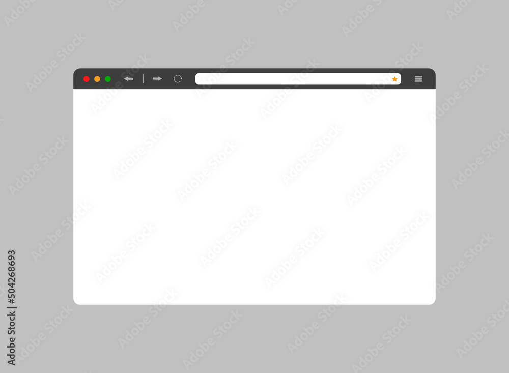 Poster web browser mockup in modern flat design. computer webpage with favorites icon and reload arrow. iso