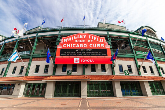 CHICAGO, IL, USA - SEPTEMBER 17, 2020: The exterior Major League Baseball's Chicago Cubs' Wrigley Field stadium in the Wrigleyville neighborhood of Chicago.