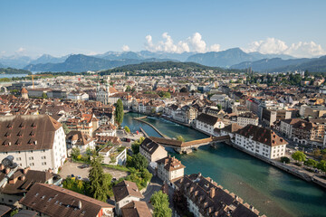 Fototapeta na wymiar Aerial view of Lucerne in front of the Swiss alps, Switzerland