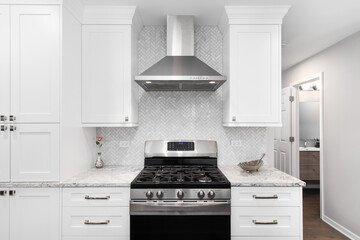A stainless steel oven and hood in a white kitchen with marble countertops, a herringbone...