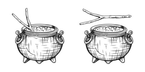Witch cauldron with green potion, bubbling witches brew. Black and white vector illustration