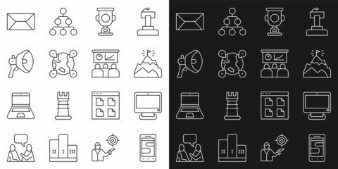 Set line Chat messages on phone, Computer monitor, Mountains with flag, Award cup, Location the globe, Megaphone, Envelope and Training, presentation icon. Vector