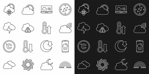 Set line Rainbow, Weather forecast, with clouds, Storm warning, Cloud snow and sun and Meteorology thermometer icon. Vector