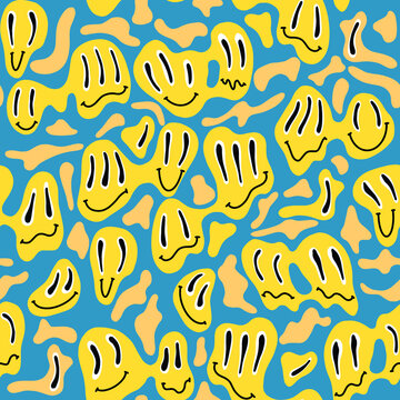 Funny 70s Melted trippy emoji seamless pattern. Retro groovy hippie happy smiles emotions. Melting characters with strange eyes.