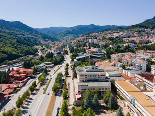 Aerial view of Center of the town of Smolyan, Bulgaria