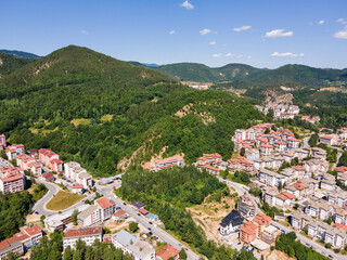 Aerial view of Center of the town of Smolyan, Bulgaria