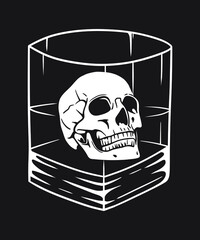Black and white human head skull inside whiskey glass vector line art illustration