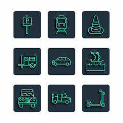Set line Car, Minibus, Scooter, Traffic cone, Hatchback car, Rv Camping trailer, Parking and Sailboat icon. Vector