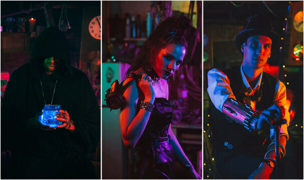 People in steampunk post-apocalypse costumes. Collage of various characters cosplaying cyberpunk style