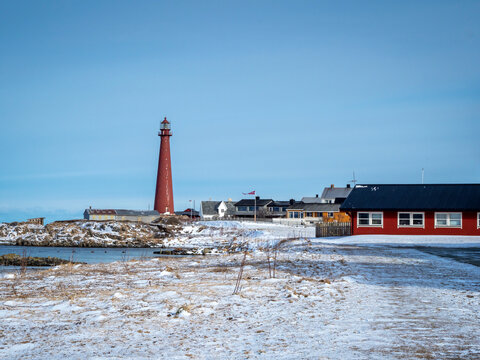Lighthouse at Andenes in Vesteralen, Norway, in winter