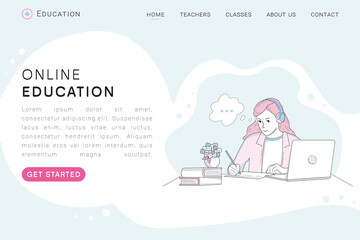 Student girl studying at laptop landing page template