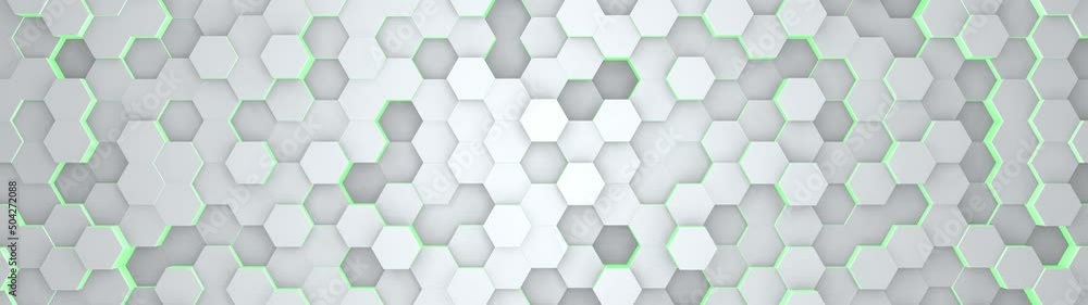Poster digital geometric white mesh with green energy glow in wide angle. futuristic technology polygon pat