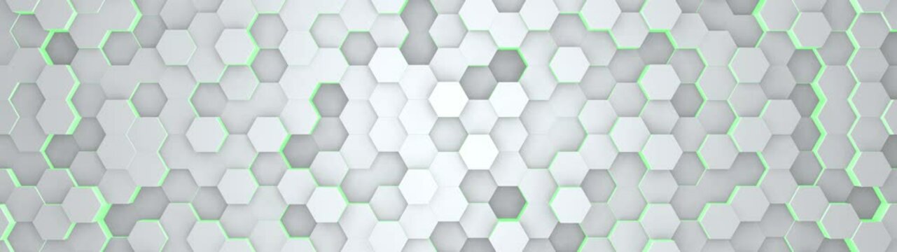Digital geometric white mesh with green energy glow in wide angle. Futuristic technology polygon pattern. Abstract animated background.