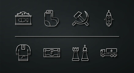 Set line Tin can with caviar, Kosovorotka, Rocket ship, Chess, Russian ruble banknote, Valenki, Tanker truck and Hammer and sickle USSR icon. Vector