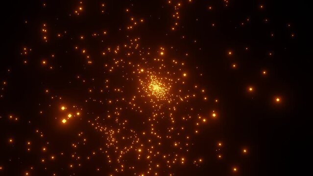 Emergence and spread of orange particles from center. Explosion of elementary particles. Big bang or cosmic phenomenon Background. Sparkling and pulsating white particles flying from the center. 4k