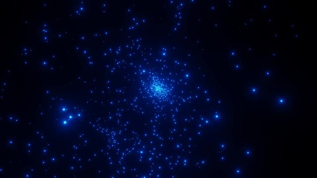 Emergence and spread of blue particles from center. Explosion of elementary particles. Big bang or cosmic phenomenon Background. Sparkling and pulsating white particles flying from the center. 4k
