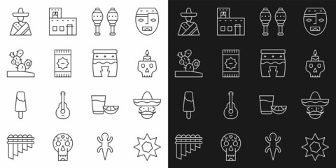 Set line Sun, Mexican man sombrero, Burning candle on skull, Maracas, carpet, Cactus, and Huehuetl icon. Vector