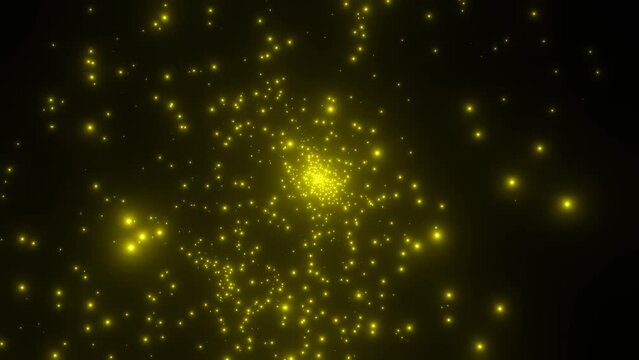 Emergence and spread of yellow particles from center. Explosion of elementary particles. Big bang or cosmic phenomenon Background. Sparkling and pulsating white particles flying from the center. 4k