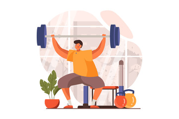 Fitness web concept in flat design. Man does strength exercises with barbell in gym and other equipment. Athlete is engaged in bodybuilding and weightlifting. Vector illustration with people scene - obrazy, fototapety, plakaty
