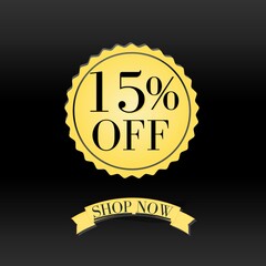 15% off with 3D gold banner and flag design with yellow letters (shop now) discount 