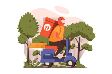 Fototapeta Food delivery web concept in flat design. Courier rides motorbike and delivers bag of groceries from store and order of food in boxes. Fast parcel shipping. Vector illustration with people scene obraz