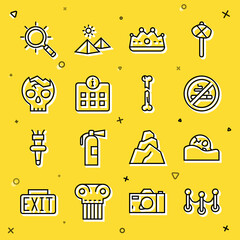 Set line Rope barrier, Human skull, No Smoking, King crown, Information, Broken human, Magnifying glass and broken bone icon. Vector