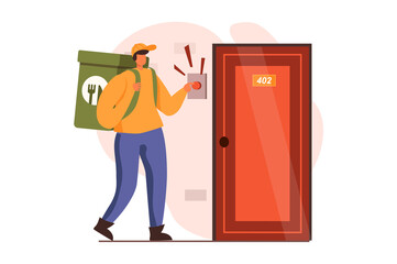 Fototapeta Food delivery web concept in flat design. Courier delivers bag of groceries from store and stands at customer's door. Fast shipping of order from restaurant. Vector illustration with people scene obraz