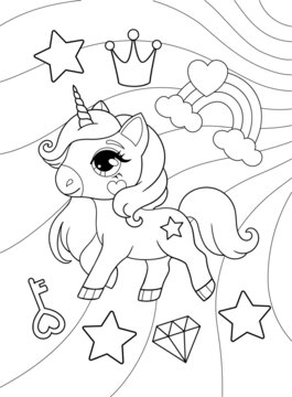 Unicorn with key, diamond and rainbow. Vector outline for coloring page