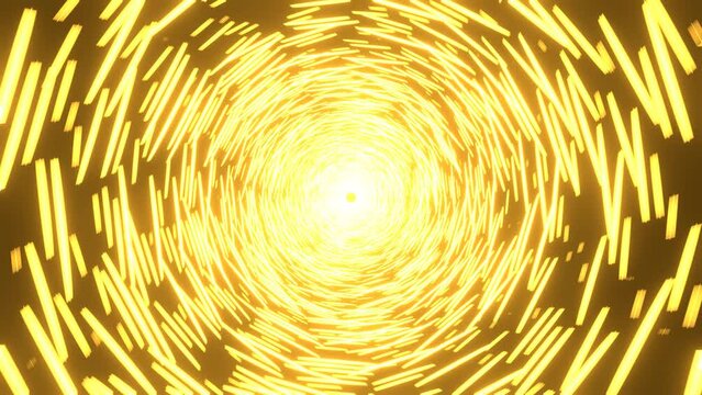 3d tunnel wormhole yellow Background. Journey through outer space and space time. Supersonic flight at the speed of light. Acceleration background. Hyperspace tunnel and big data transmission. 4k