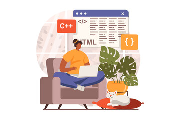 Freelance working web concept in flat design. Woman developer programming and creates software sitting in armchair at living room. Remote worker at home office. Vector illustration with people scene