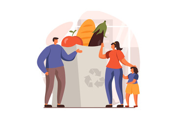 Healthy families web concept in flat design. Happy father, mother and daughter making purchases at supermarket. Parents and child buying food in grocery store. Vector illustration with people scene