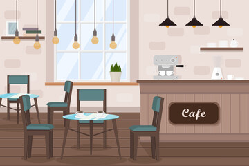 cafe interior with tables, coffee machine, window and bar counter