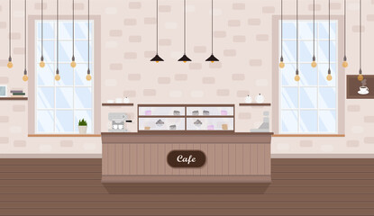 cafe interior with coffee machine, window and bar counter