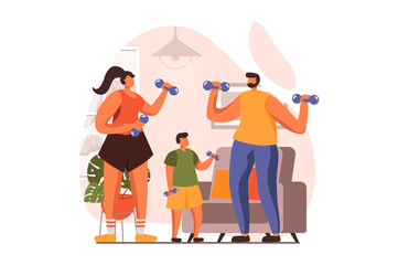 Fototapeta premium Healthy families web concept in flat design. Happy father, mother and son doing exercises with dumbbell. Parents and child training together at living room. Vector illustration with people scene