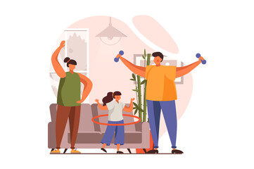 Healthy families web concept in flat design. Happy father, mother and daughter doing exercises with sports equipment. Parents and child training together at home. Vector illustration with people scene