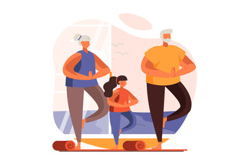 Healthy families web concept in flat design. Happy grandfather, grandmother and granddaughter doing yoga asanas. Grandparents and child training together. Vector illustration with people scene - obrazy, fototapety, plakaty